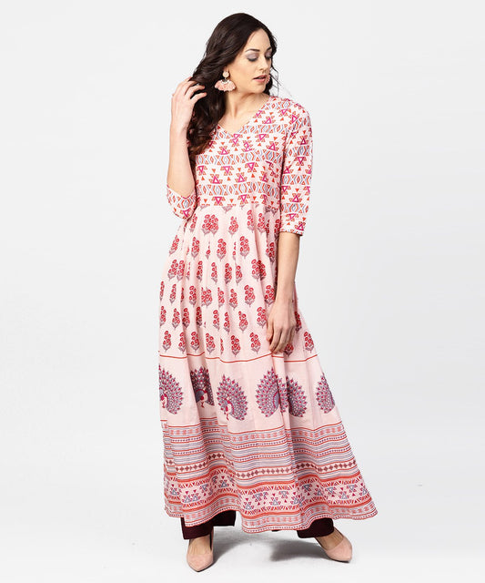 Baby Pink Printed 3/4Th Sleeve Cotton Floor Length Kurta | LASVINI - Redefining Indian Fashion with Elegance