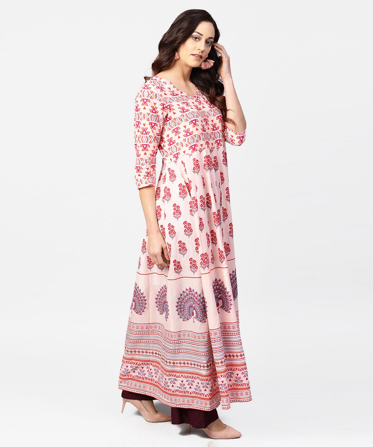 Baby Pink Printed 3/4Th Sleeve Cotton Floor Length Kurta | LASVINI - Redefining Indian Fashion with Elegance