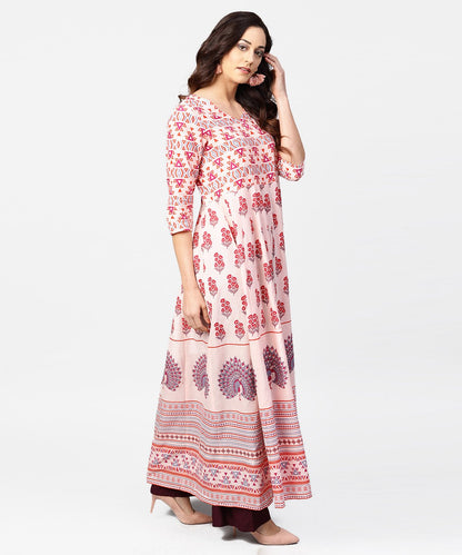 Baby Pink Printed 3/4Th Sleeve Cotton Floor Length Kurta | LASVINI - Redefining Indian Fashion with Elegance