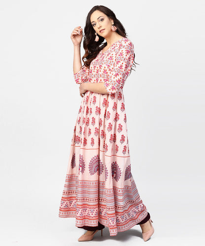 Baby Pink Printed 3/4Th Sleeve Cotton Floor Length Kurta | LASVINI - Redefining Indian Fashion with Elegance
