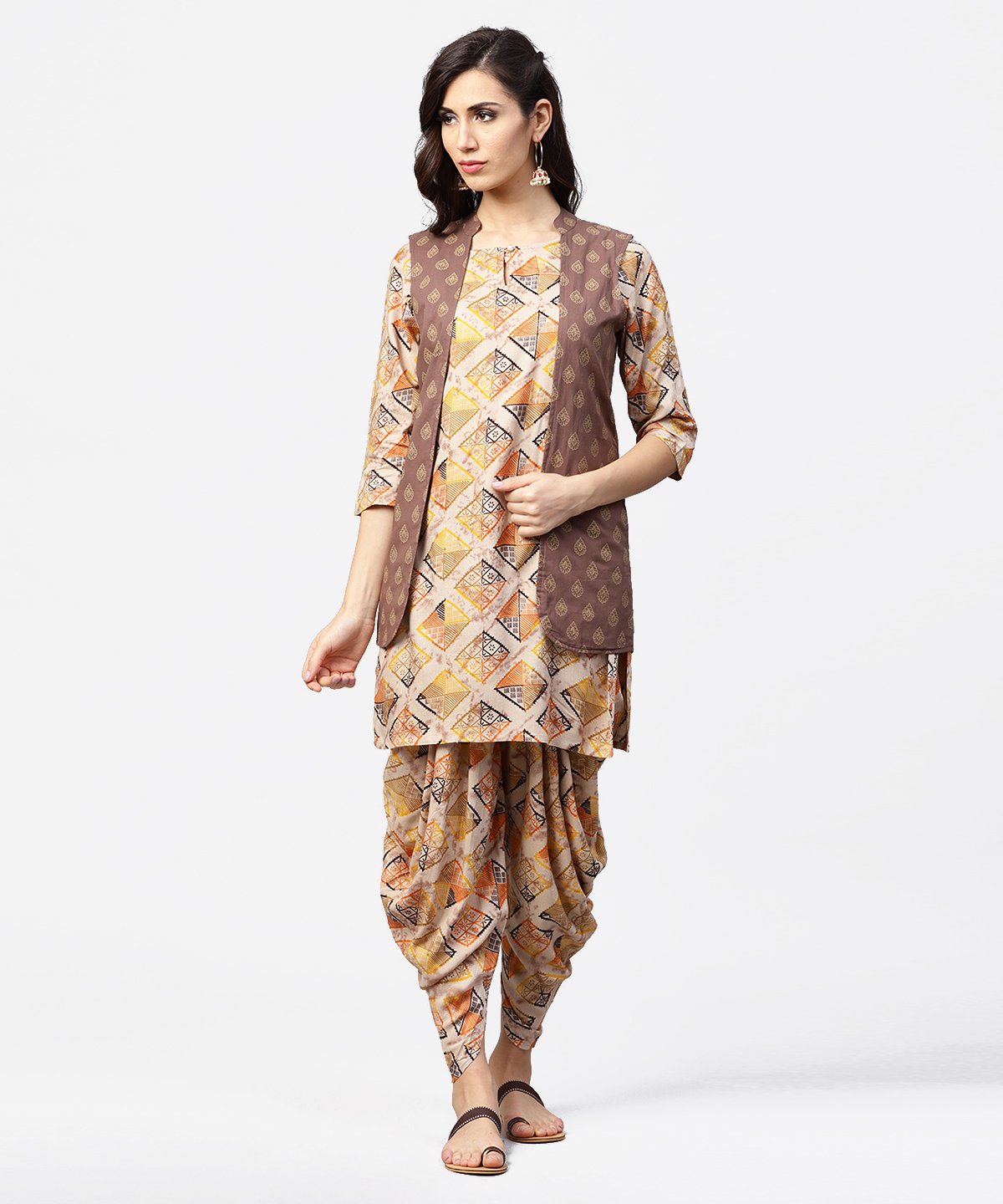 Brown Printed 3/4Th Sleeve Cotton Kurta With Ankle Length Dhoti & Grey Printed Open Jacket | LASVINI - Redefining Indian Fashion with Elegance