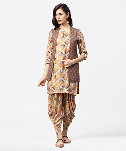 Brown Printed 3/4Th Sleeve Cotton Kurta With Ankle Length Dhoti & Grey Printed Open Jacket | LASVINI - Redefining Indian Fashion with Elegance