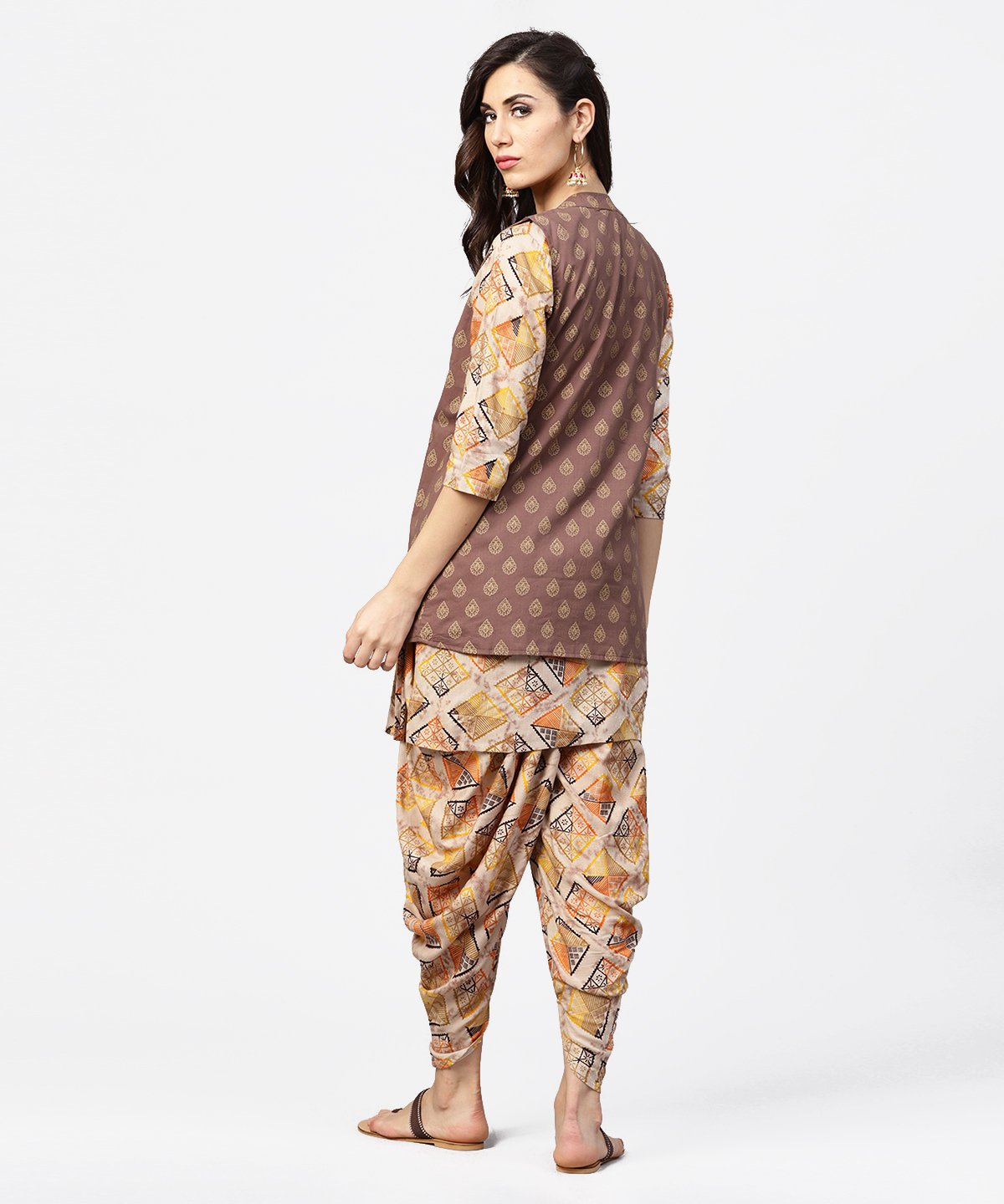 Brown Printed 3/4Th Sleeve Cotton Kurta With Ankle Length Dhoti & Grey Printed Open Jacket | LASVINI - Redefining Indian Fashion with Elegance