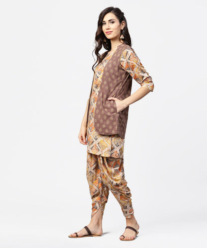 Brown Printed 3/4Th Sleeve Cotton Kurta With Ankle Length Dhoti & Grey Printed Open Jacket | LASVINI - Redefining Indian Fashion with Elegance