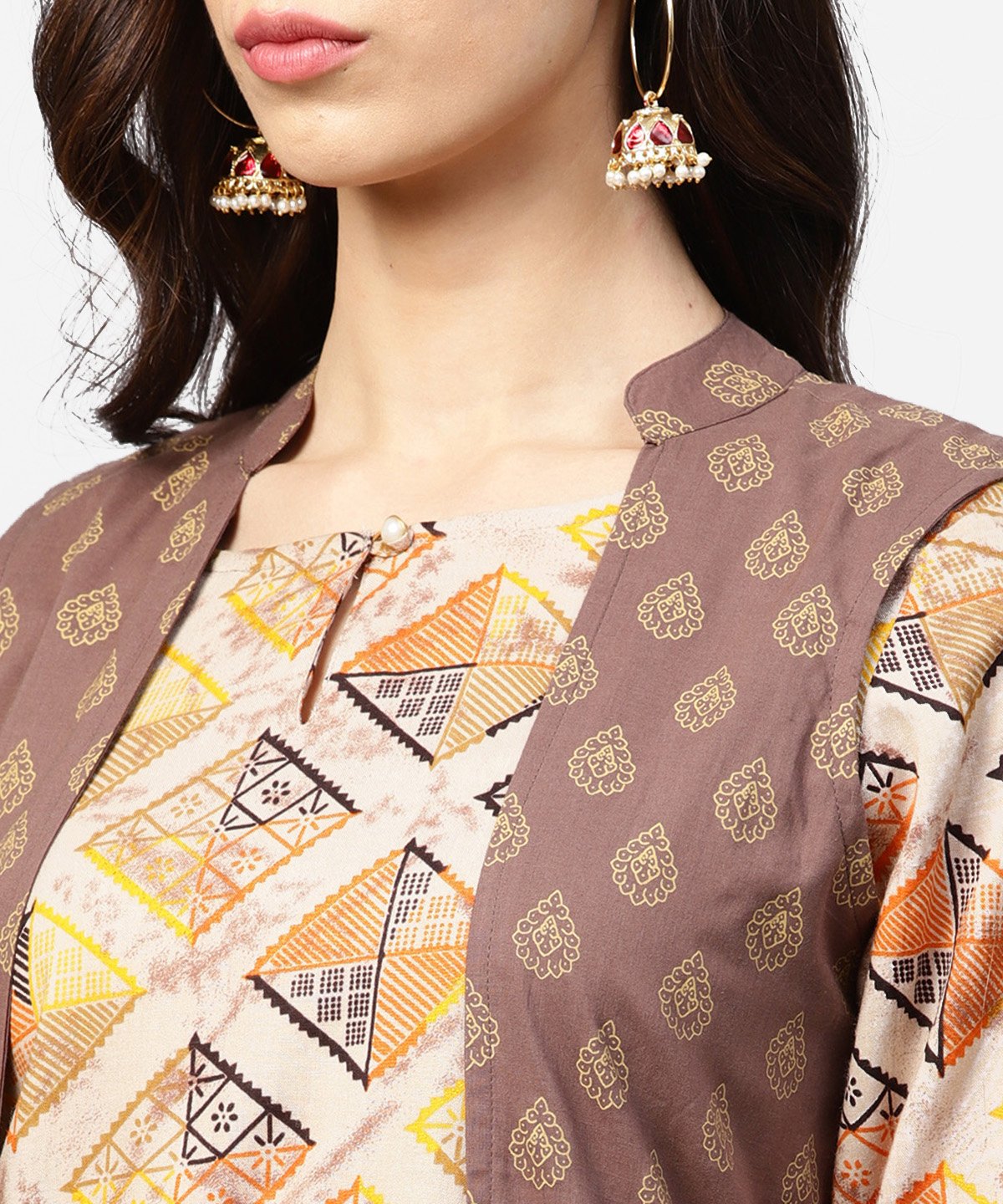 Brown Printed 3/4Th Sleeve Cotton Kurta With Ankle Length Dhoti & Grey Printed Open Jacket | LASVINI - Redefining Indian Fashion with Elegance