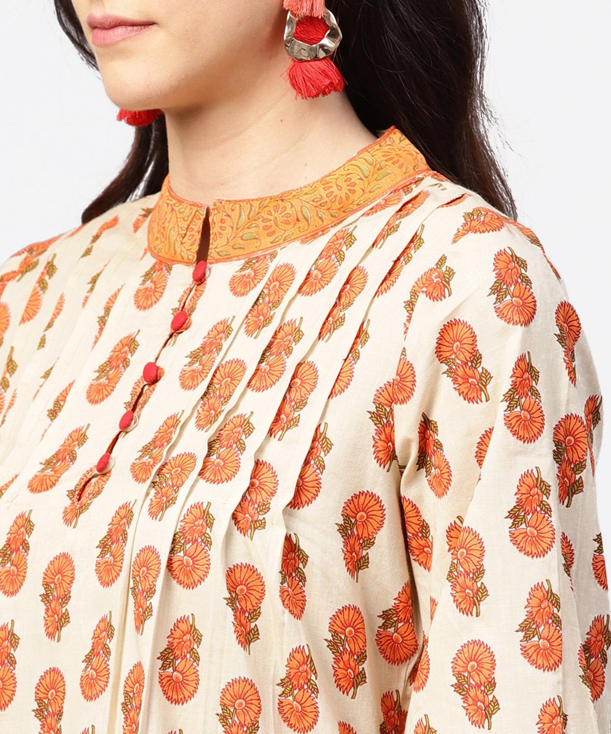 Off White & Red Printed 3/4Th Sleeve Cotton Pleated A-Line Kurta With Beige Pallazo | LASVINI - Redefining Indian Fashion with Elegance