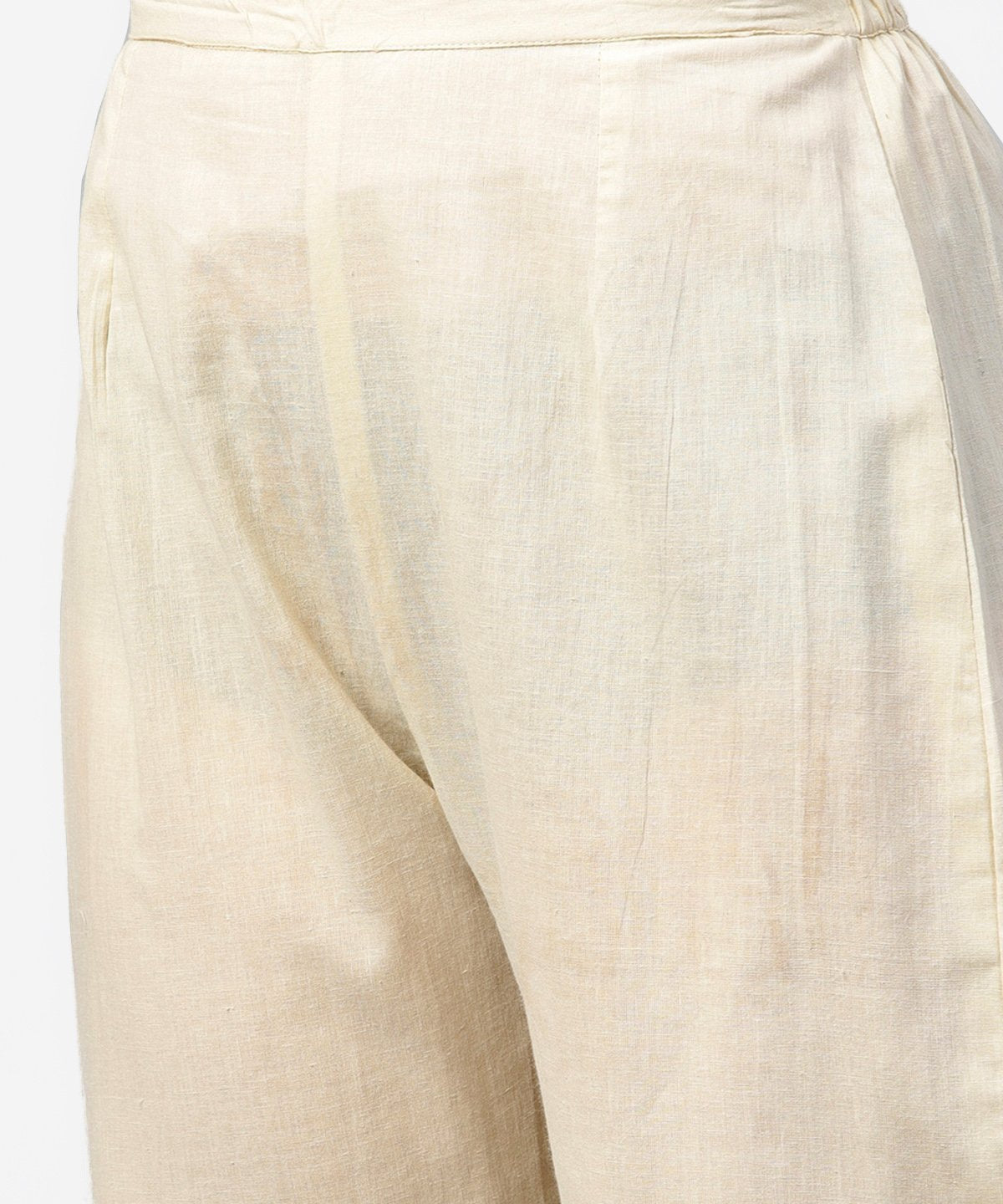 Off White & Red Printed 3/4Th Sleeve Cotton Pleated A-Line Kurta With Beige Pallazo | LASVINI - Redefining Indian Fashion with Elegance