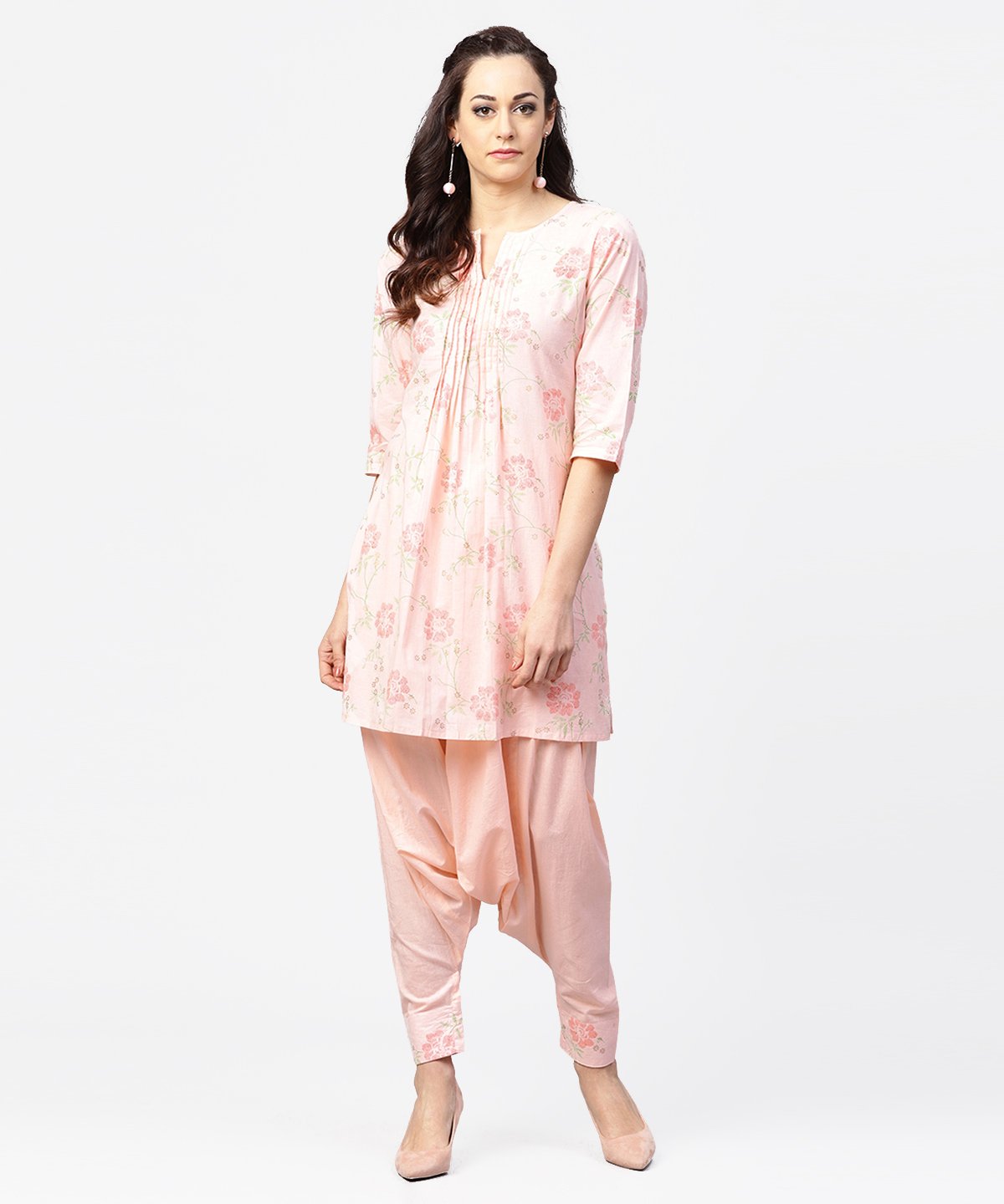 Peach Printed 3/4Th Sleeve Pleated Kurti With Ankle Length Block Printed Salwar | LASVINI - Redefining Indian Fashion with Elegance