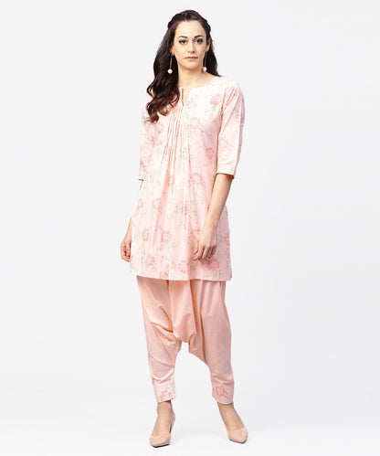 Peach Printed 3/4Th Sleeve Pleated Kurti With Ankle Length Block Printed Salwar | LASVINI - Redefining Indian Fashion with Elegance