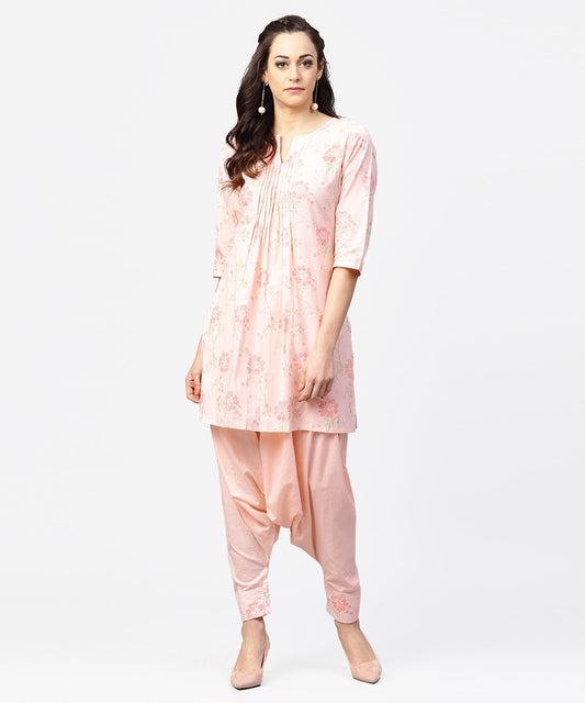 Peach Printed 3/4Th Sleeve Pleated Kurti With Ankle Length Block Printed Salwar | LASVINI - Redefining Indian Fashion with Elegance
