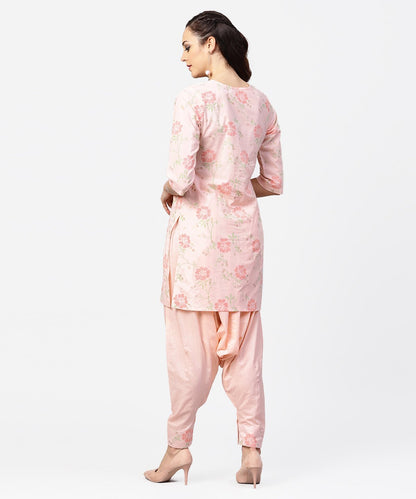 Peach Printed 3/4Th Sleeve Pleated Kurti With Ankle Length Block Printed Salwar | LASVINI - Redefining Indian Fashion with Elegance
