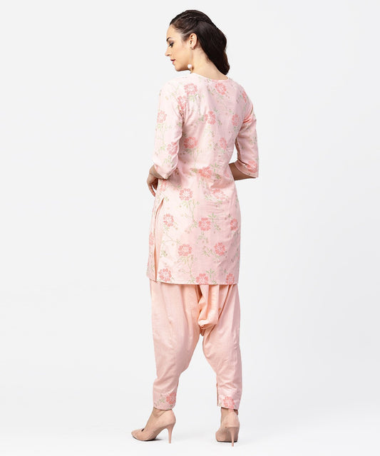 Peach Printed 3/4Th Sleeve Pleated Kurti With Ankle Length Block Printed Salwar | LASVINI - Redefining Indian Fashion with Elegance