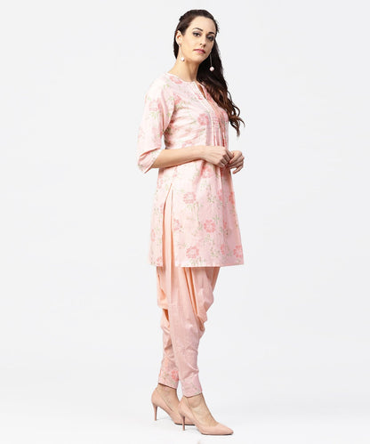 Peach Printed 3/4Th Sleeve Pleated Kurti With Ankle Length Block Printed Salwar | LASVINI - Redefining Indian Fashion with Elegance