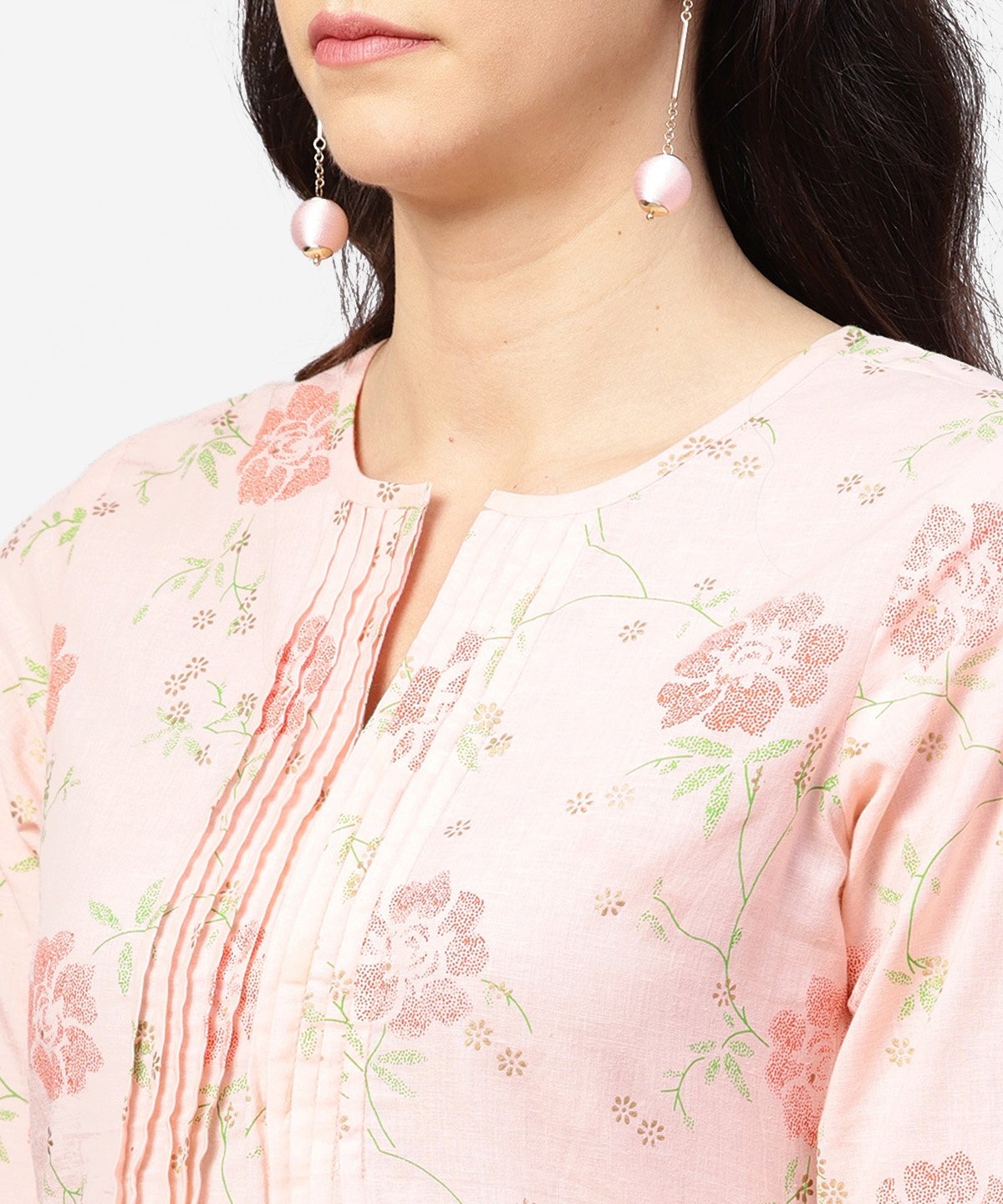 Peach Printed 3/4Th Sleeve Pleated Kurti With Ankle Length Block Printed Salwar | LASVINI - Redefining Indian Fashion with Elegance
