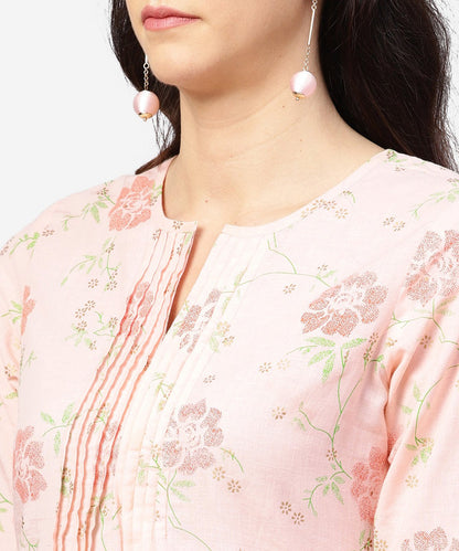 Peach Printed 3/4Th Sleeve Pleated Kurti With Ankle Length Block Printed Salwar | LASVINI - Redefining Indian Fashion with Elegance