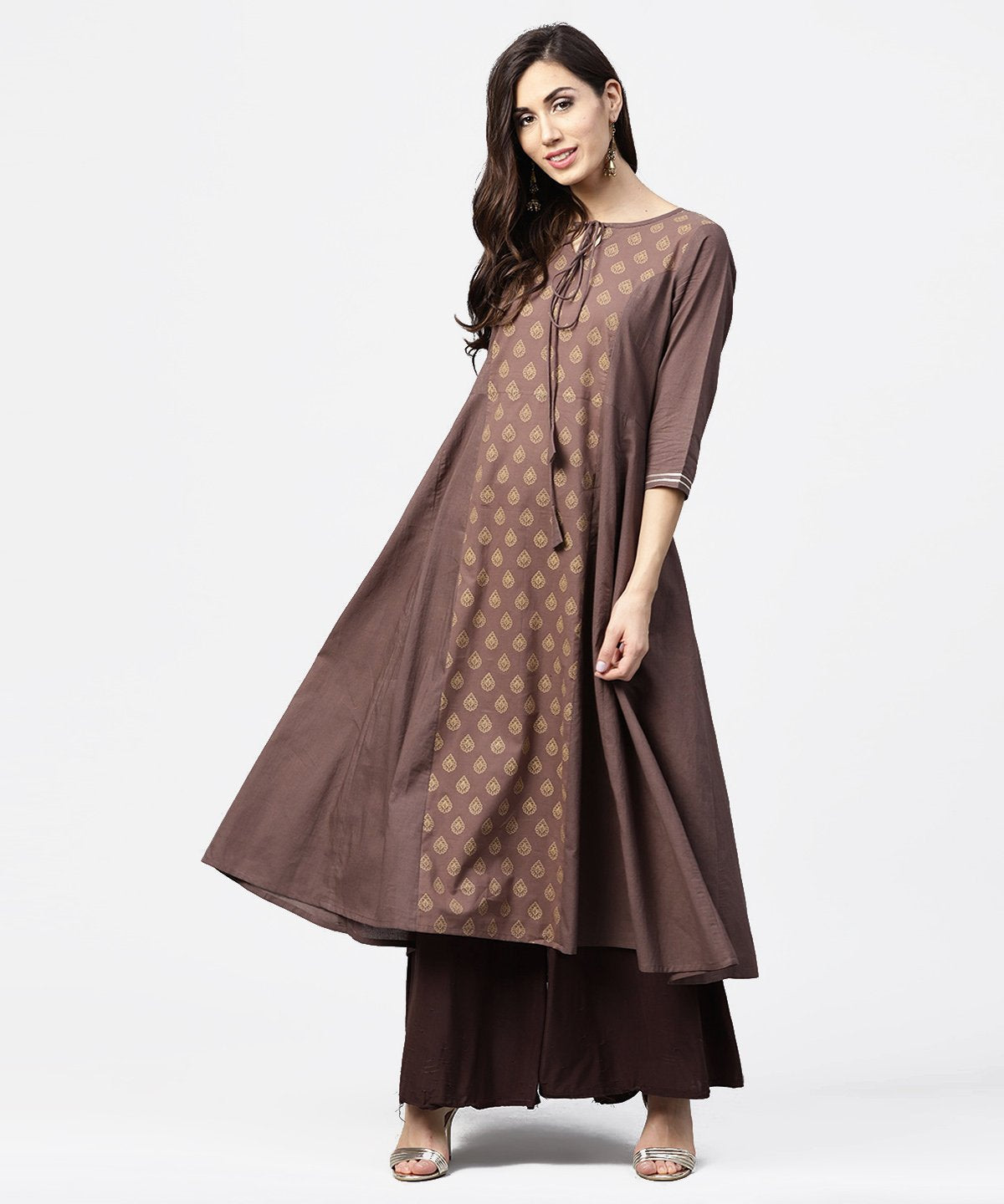 Grey Printed 3/4Th Sleeve A-Line Cotton Kurta With Dori Work At Yoke | LASVINI - Redefining Indian Fashion with Elegance