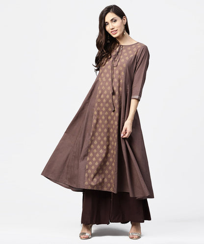 Grey Printed 3/4Th Sleeve A-Line Cotton Kurta With Dori Work At Yoke | LASVINI - Redefining Indian Fashion with Elegance