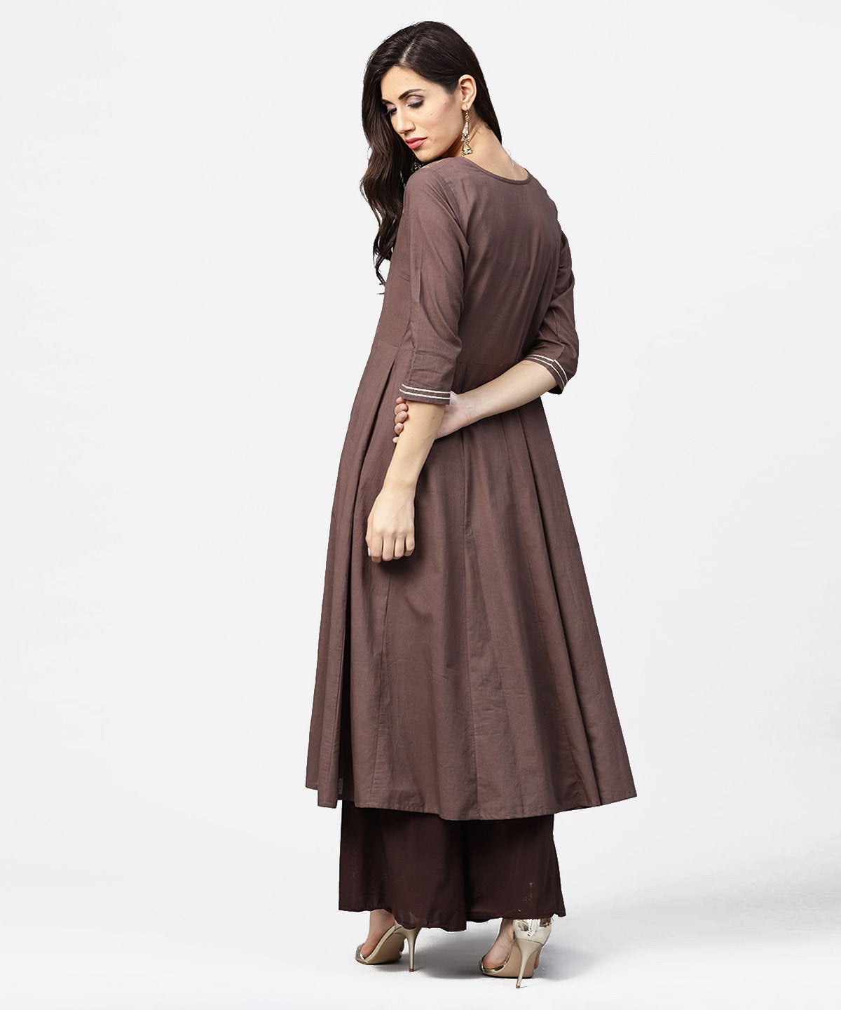 Grey Printed 3/4Th Sleeve A-Line Cotton Kurta With Dori Work At Yoke | LASVINI - Redefining Indian Fashion with Elegance