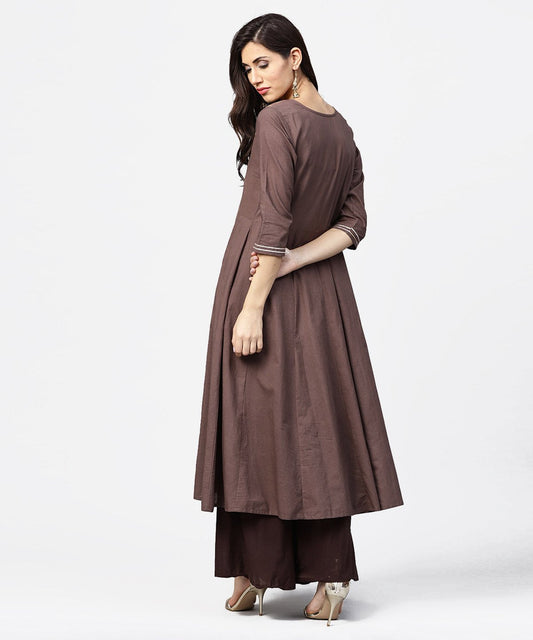 Grey Printed 3/4Th Sleeve A-Line Cotton Kurta With Dori Work At Yoke | LASVINI - Redefining Indian Fashion with Elegance