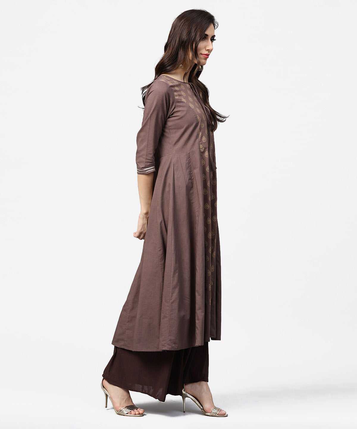 Grey Printed 3/4Th Sleeve A-Line Cotton Kurta With Dori Work At Yoke | LASVINI - Redefining Indian Fashion with Elegance