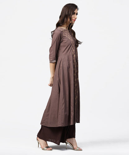 Grey Printed 3/4Th Sleeve A-Line Cotton Kurta With Dori Work At Yoke | LASVINI - Redefining Indian Fashion with Elegance