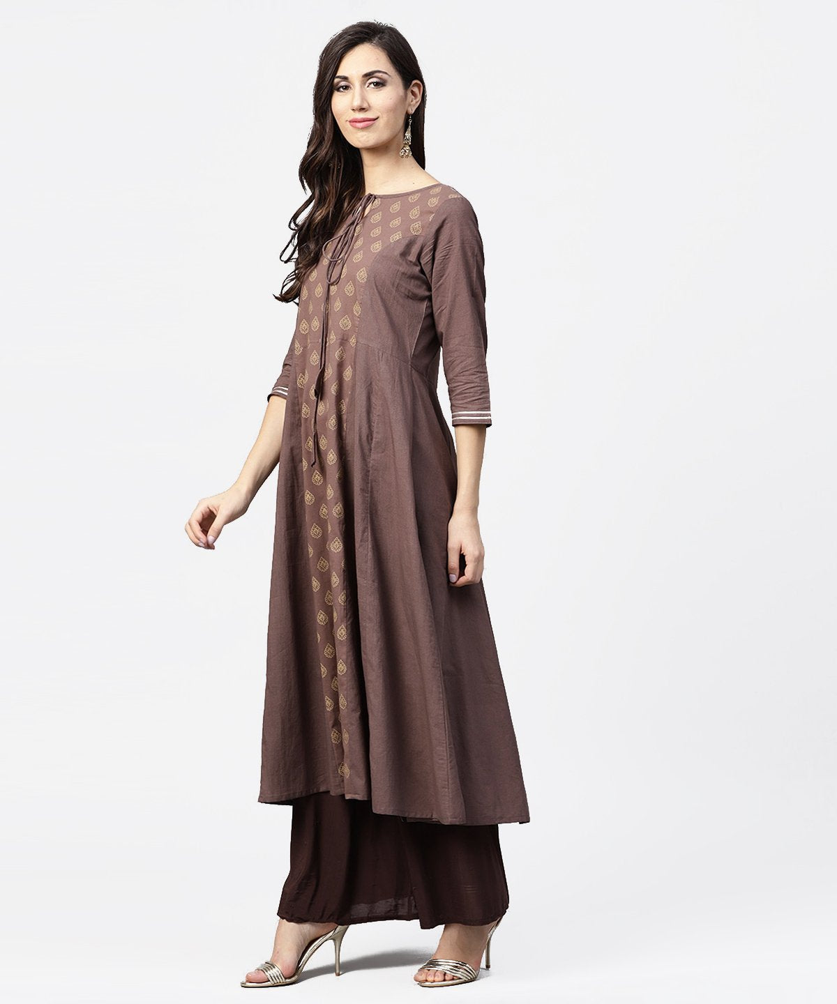 Grey Printed 3/4Th Sleeve A-Line Cotton Kurta With Dori Work At Yoke | LASVINI - Redefining Indian Fashion with Elegance