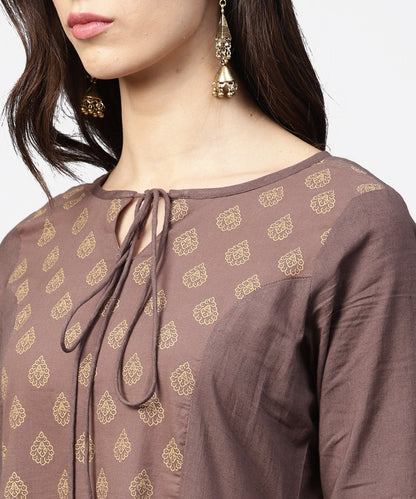 Grey Printed 3/4Th Sleeve A-Line Cotton Kurta With Dori Work At Yoke | LASVINI - Redefining Indian Fashion with Elegance