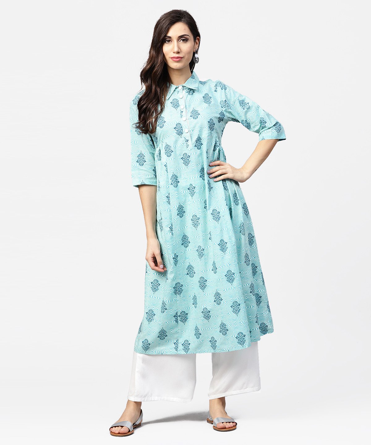 Blue Printed 3/4Th Sleeve Cotton Anarkali Kurta | LASVINI - Redefining Indian Fashion with Elegance