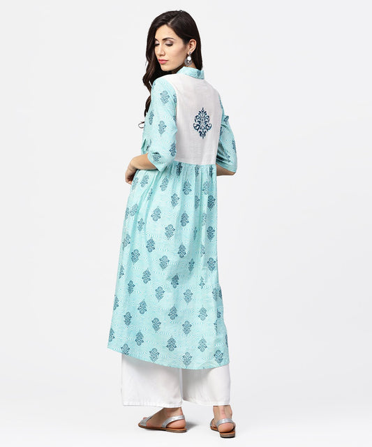 Blue Printed 3/4Th Sleeve Cotton Anarkali Kurta | LASVINI - Redefining Indian Fashion with Elegance