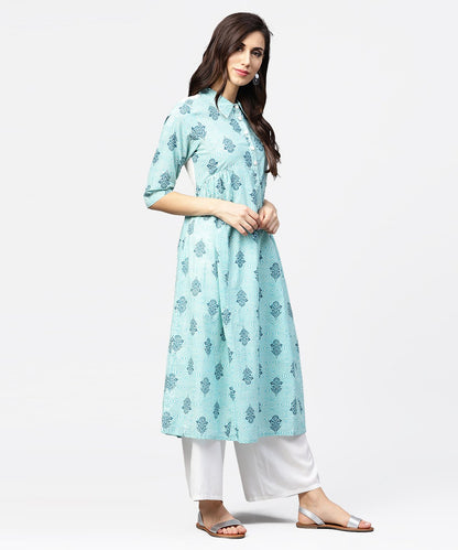 Blue Printed 3/4Th Sleeve Cotton Anarkali Kurta | LASVINI - Redefining Indian Fashion with Elegance