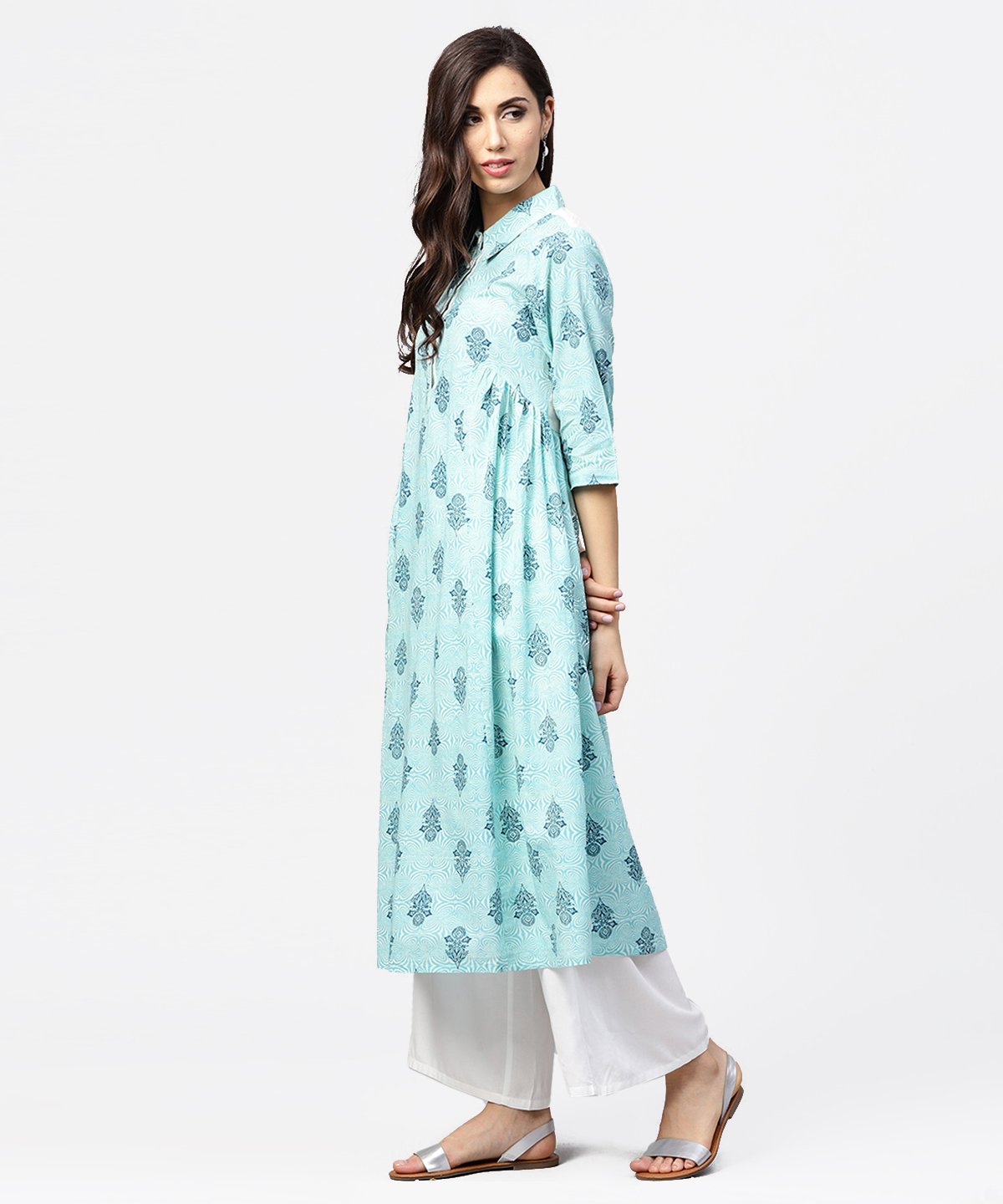 Blue Printed 3/4Th Sleeve Cotton Anarkali Kurta | LASVINI - Redefining Indian Fashion with Elegance