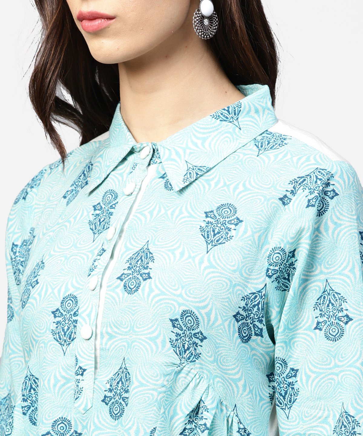 Blue Printed 3/4Th Sleeve Cotton Anarkali Kurta | LASVINI - Redefining Indian Fashion with Elegance