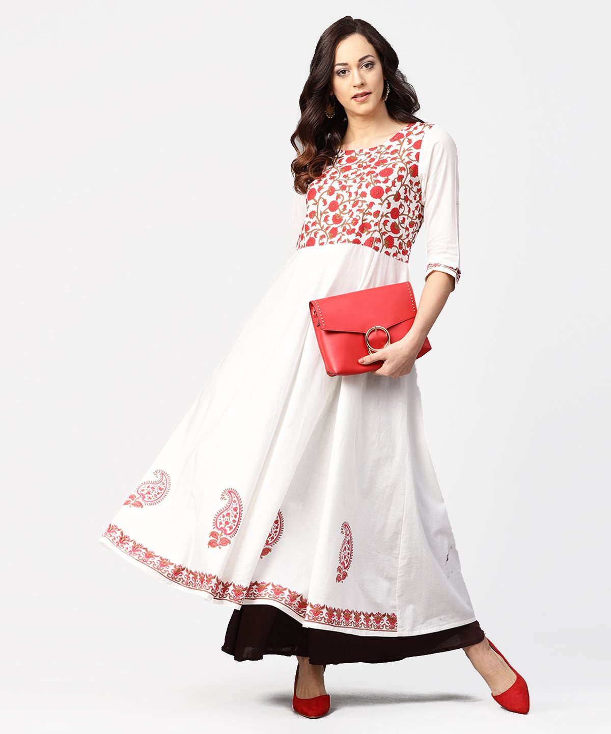 White & Red Block Printed 3/4Th Sleeve Cotton Anarkali Kurta | LASVINI - Redefining Indian Fashion with Elegance