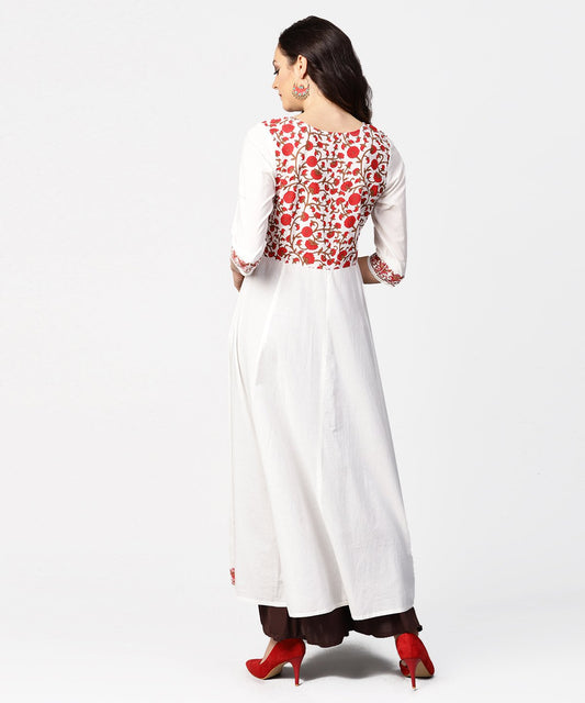 White & Red Block Printed 3/4Th Sleeve Cotton Anarkali Kurta | LASVINI - Redefining Indian Fashion with Elegance