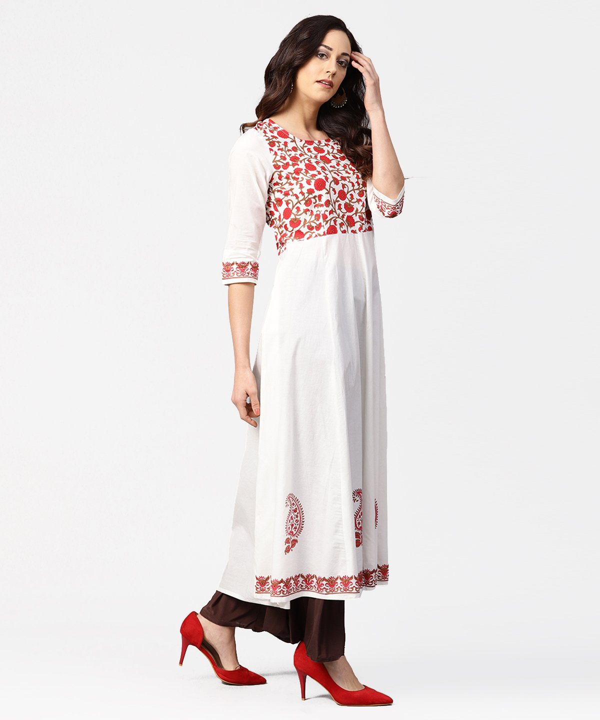 White & Red Block Printed 3/4Th Sleeve Cotton Anarkali Kurta | LASVINI - Redefining Indian Fashion with Elegance