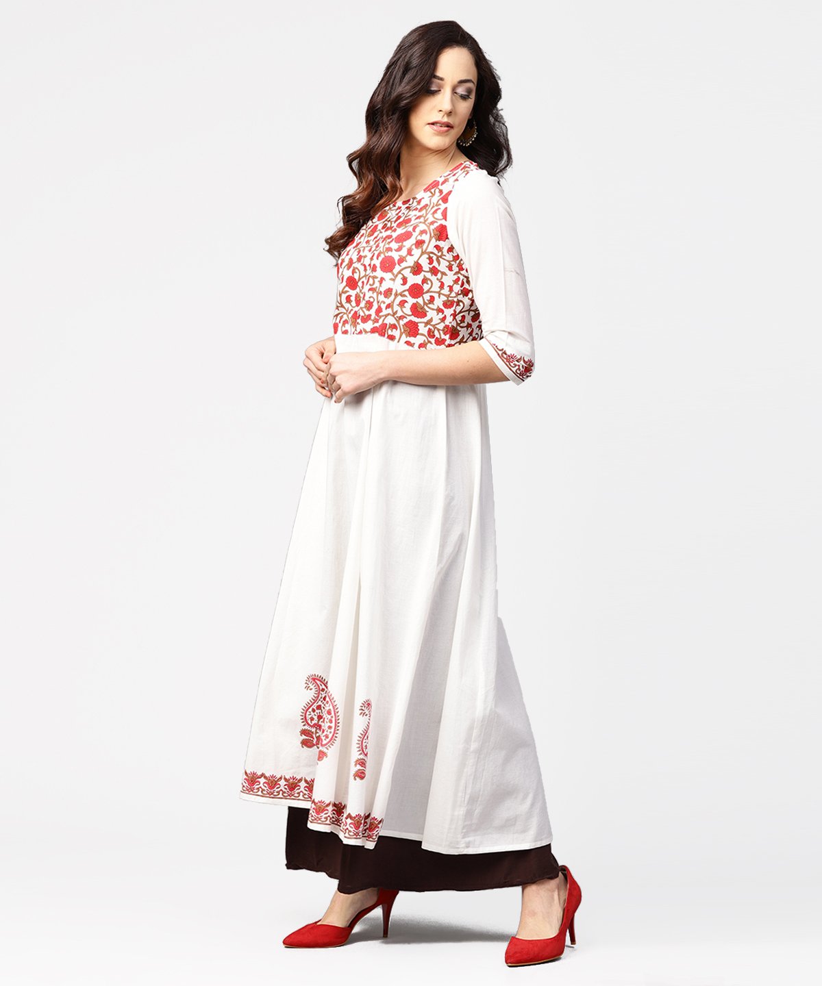 White & Red Block Printed 3/4Th Sleeve Cotton Anarkali Kurta | LASVINI - Redefining Indian Fashion with Elegance