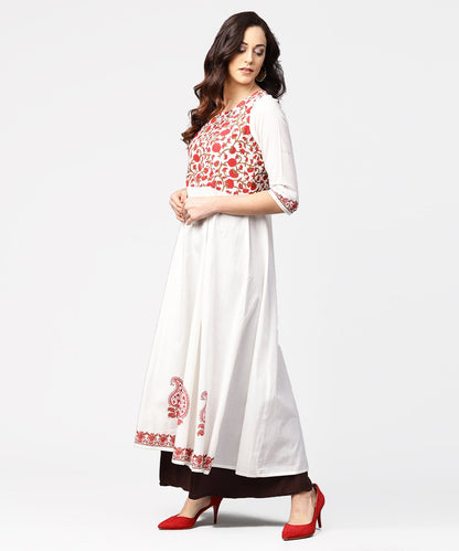 White & Red Block Printed 3/4Th Sleeve Cotton Anarkali Kurta | LASVINI - Redefining Indian Fashion with Elegance