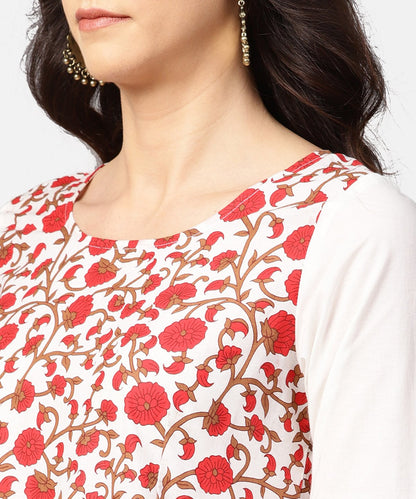 White & Red Block Printed 3/4Th Sleeve Cotton Anarkali Kurta | LASVINI - Redefining Indian Fashion with Elegance