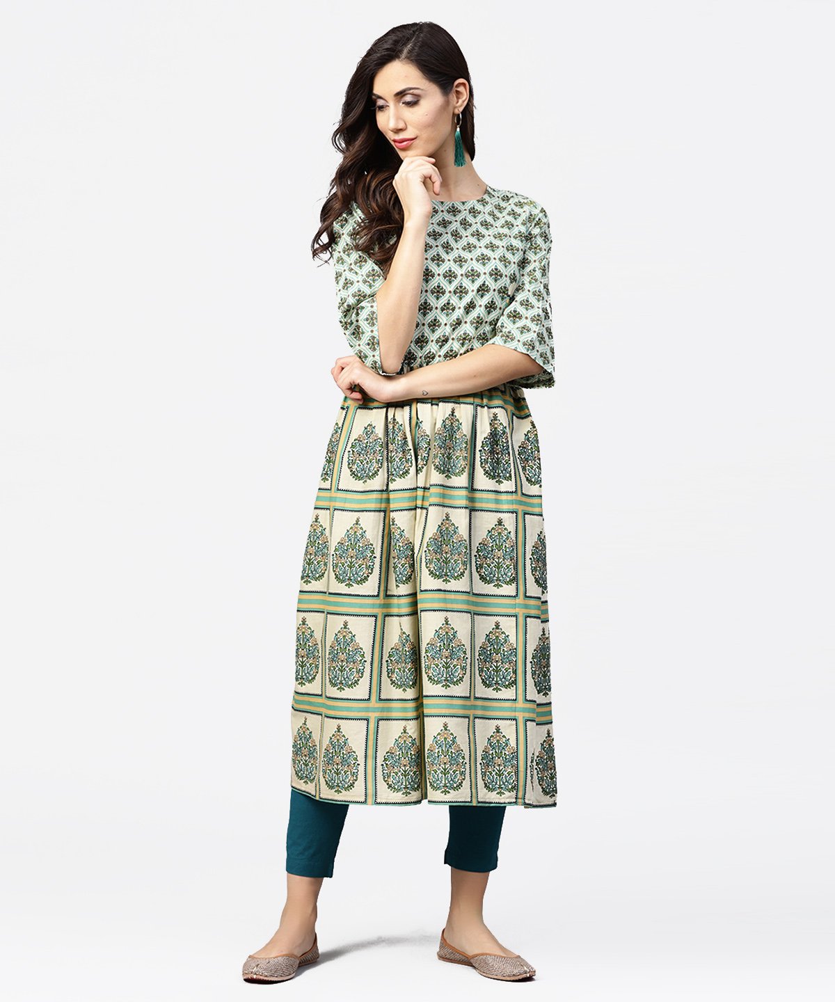 Green Printed Half Flared Sleeve A-Line Kurta | LASVINI - Redefining Indian Fashion with Elegance