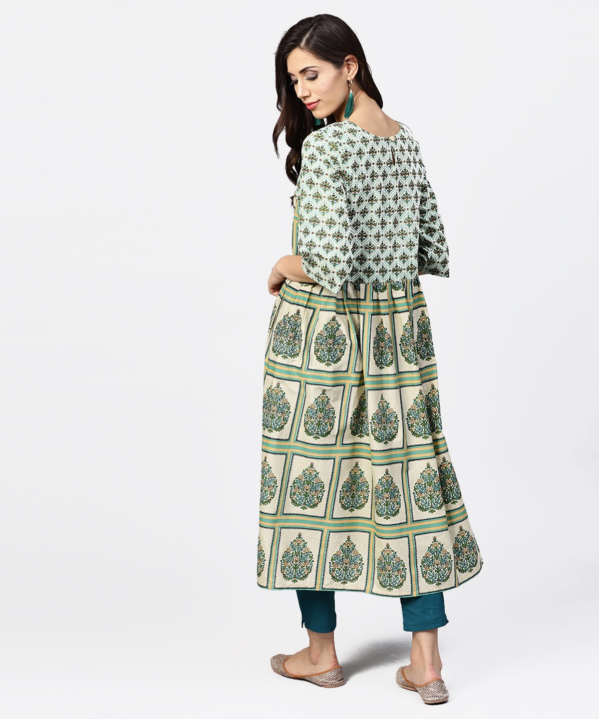 Green Printed Half Flared Sleeve A-Line Kurta | LASVINI - Redefining Indian Fashion with Elegance