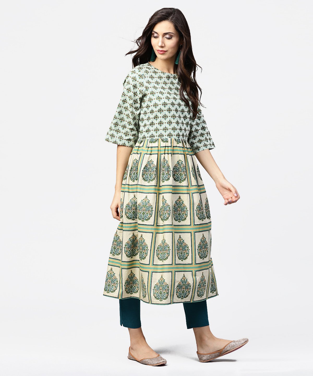 Green Printed Half Flared Sleeve A-Line Kurta | LASVINI - Redefining Indian Fashion with Elegance