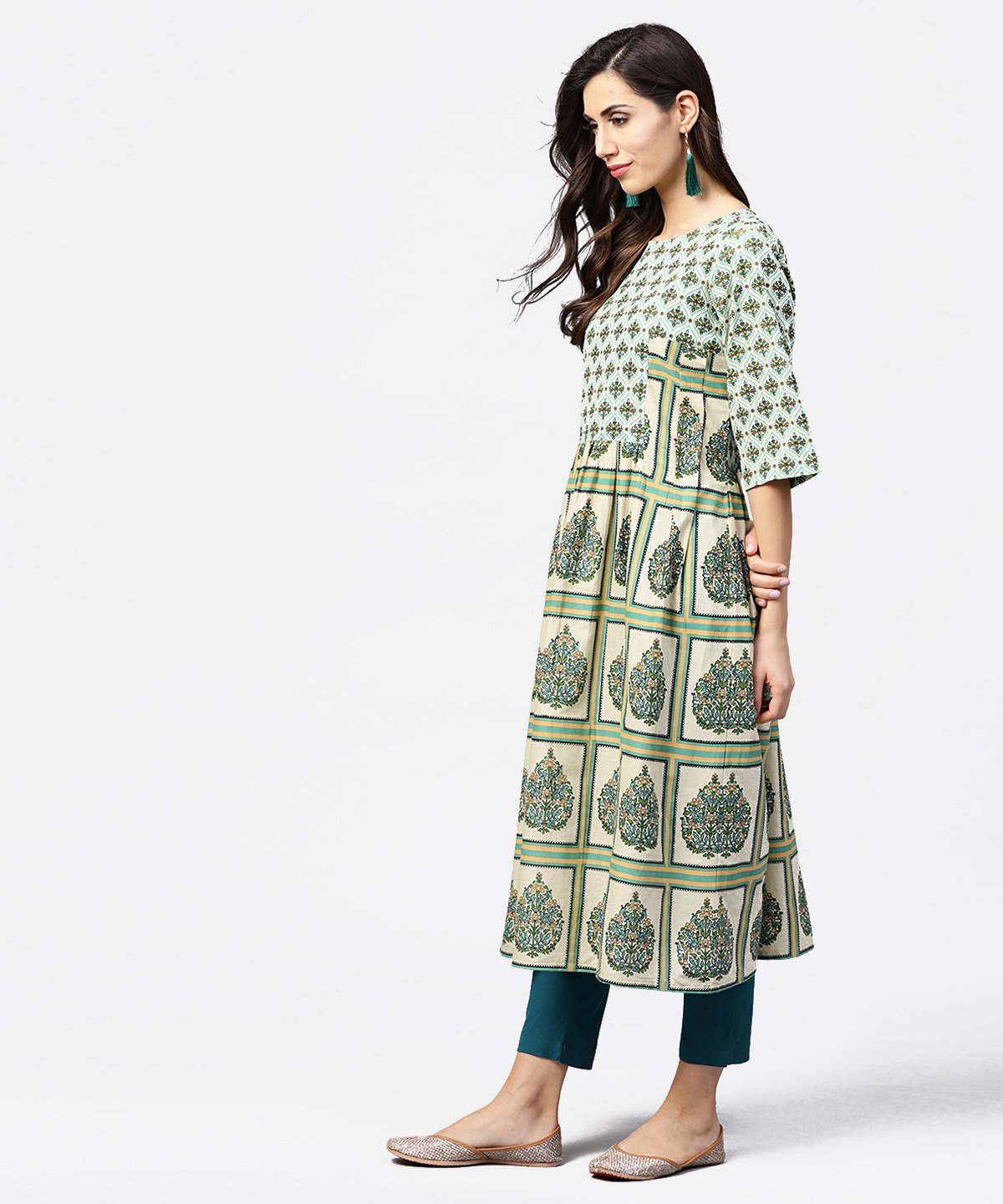 Green Printed Half Flared Sleeve A-Line Kurta | LASVINI - Redefining Indian Fashion with Elegance