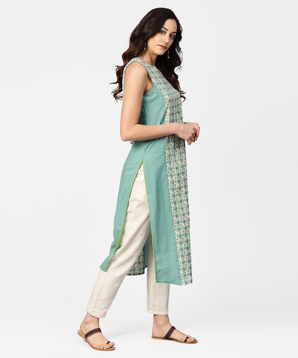Turquoise Blue Sleeveless Cotton Long Kurta | LASVINI - Redefining Indian Fashion with Elegance