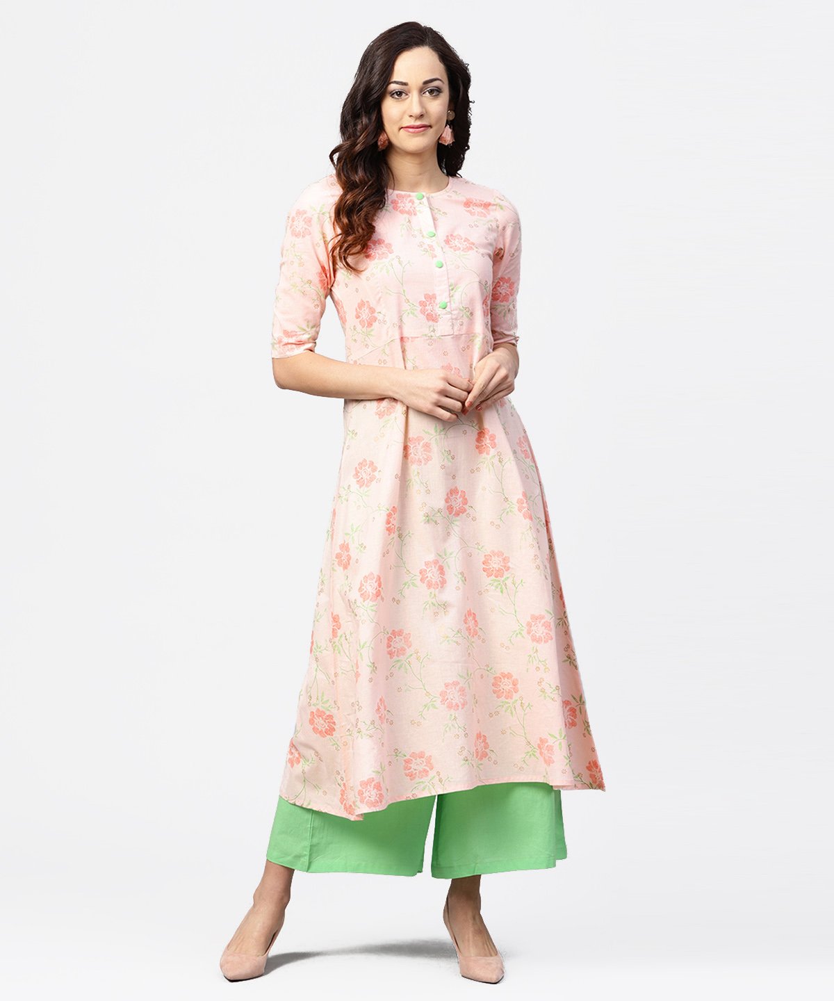 Peach 3/4Th Sleeve Cotton Printed Kurta Green Flared Palazzo | LASVINI - Redefining Indian Fashion with Elegance