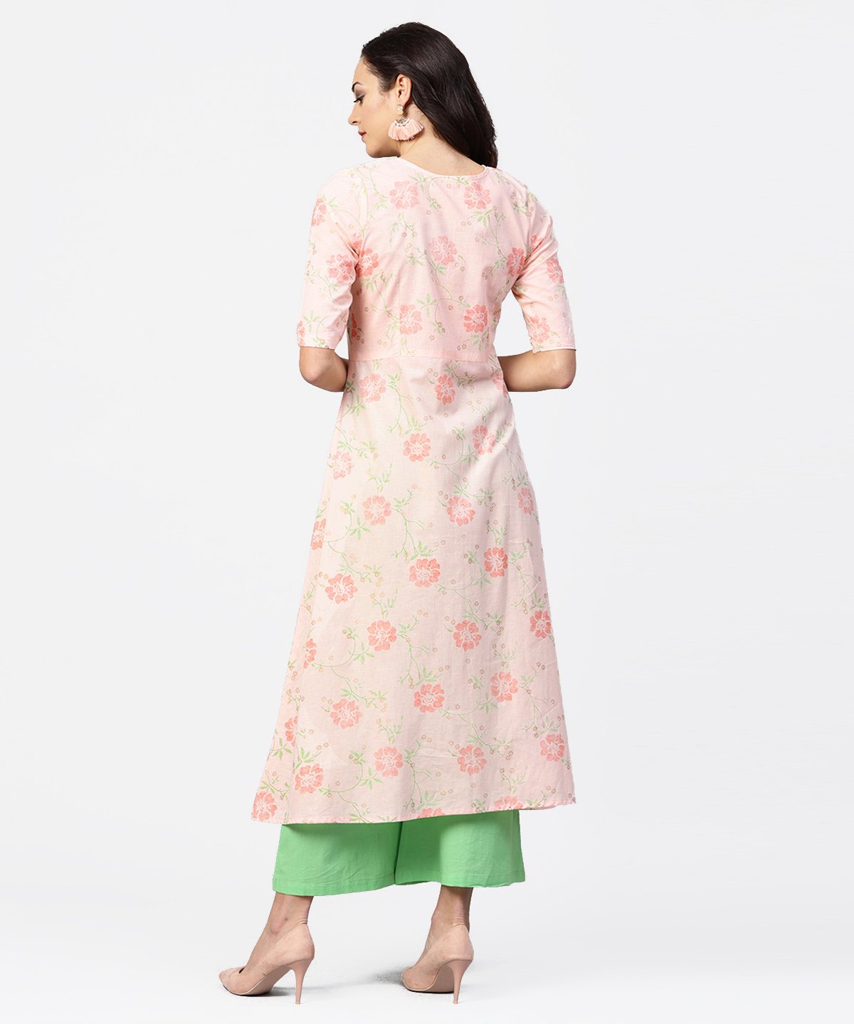 Peach 3/4Th Sleeve Cotton Printed Kurta Green Flared Palazzo | LASVINI - Redefining Indian Fashion with Elegance