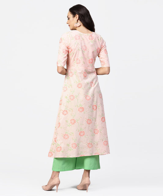 Peach 3/4Th Sleeve Cotton Printed Kurta Green Flared Palazzo | LASVINI - Redefining Indian Fashion with Elegance