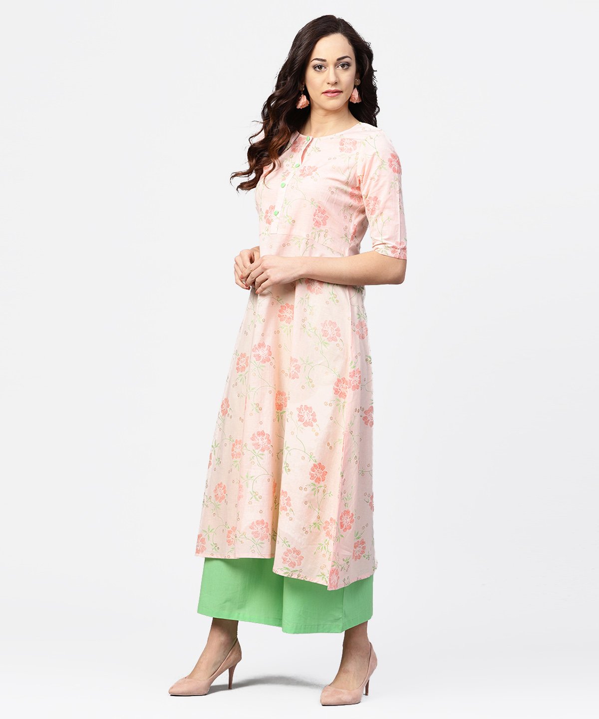 Peach 3/4Th Sleeve Cotton Printed Kurta Green Flared Palazzo | LASVINI - Redefining Indian Fashion with Elegance