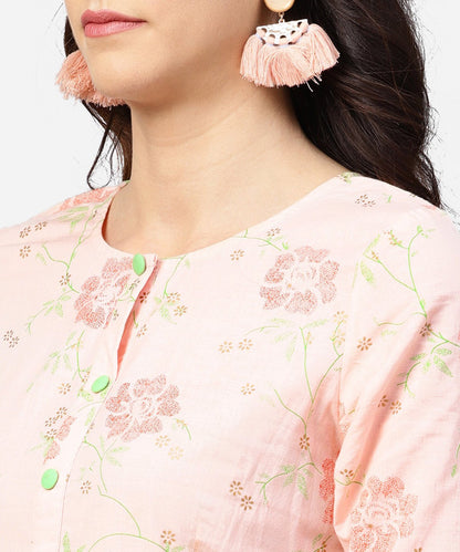 Peach 3/4Th Sleeve Cotton Printed Kurta Green Flared Palazzo | LASVINI - Redefining Indian Fashion with Elegance