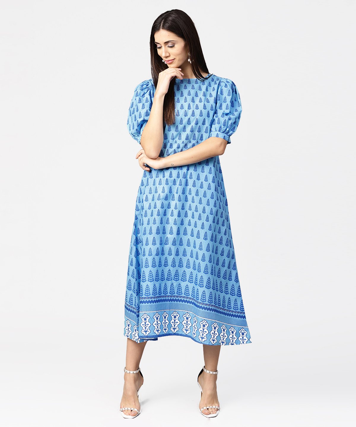 Blue Printed Ballon Style Puff Sleeve Cotton A-Line Dress | LASVINI - Redefining Indian Fashion with Elegance