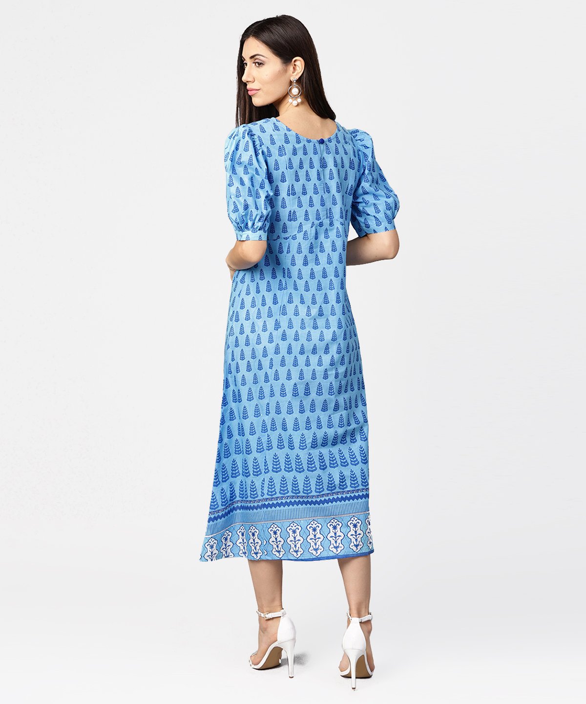 Blue Printed Ballon Style Puff Sleeve Cotton A-Line Dress | LASVINI - Redefining Indian Fashion with Elegance